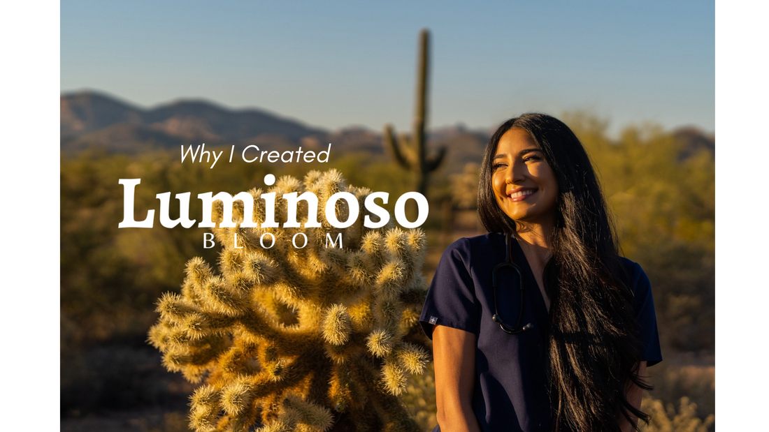 Joanna Flores, RN, founder of Luminoso Bloom, smiling in the Arizona desert — the story behind nurse-crafted, plant-powered hair oils.